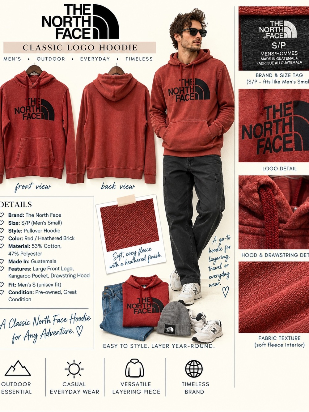 The North Face Red Heathered Brick Classic Logo Pullover Hoodie